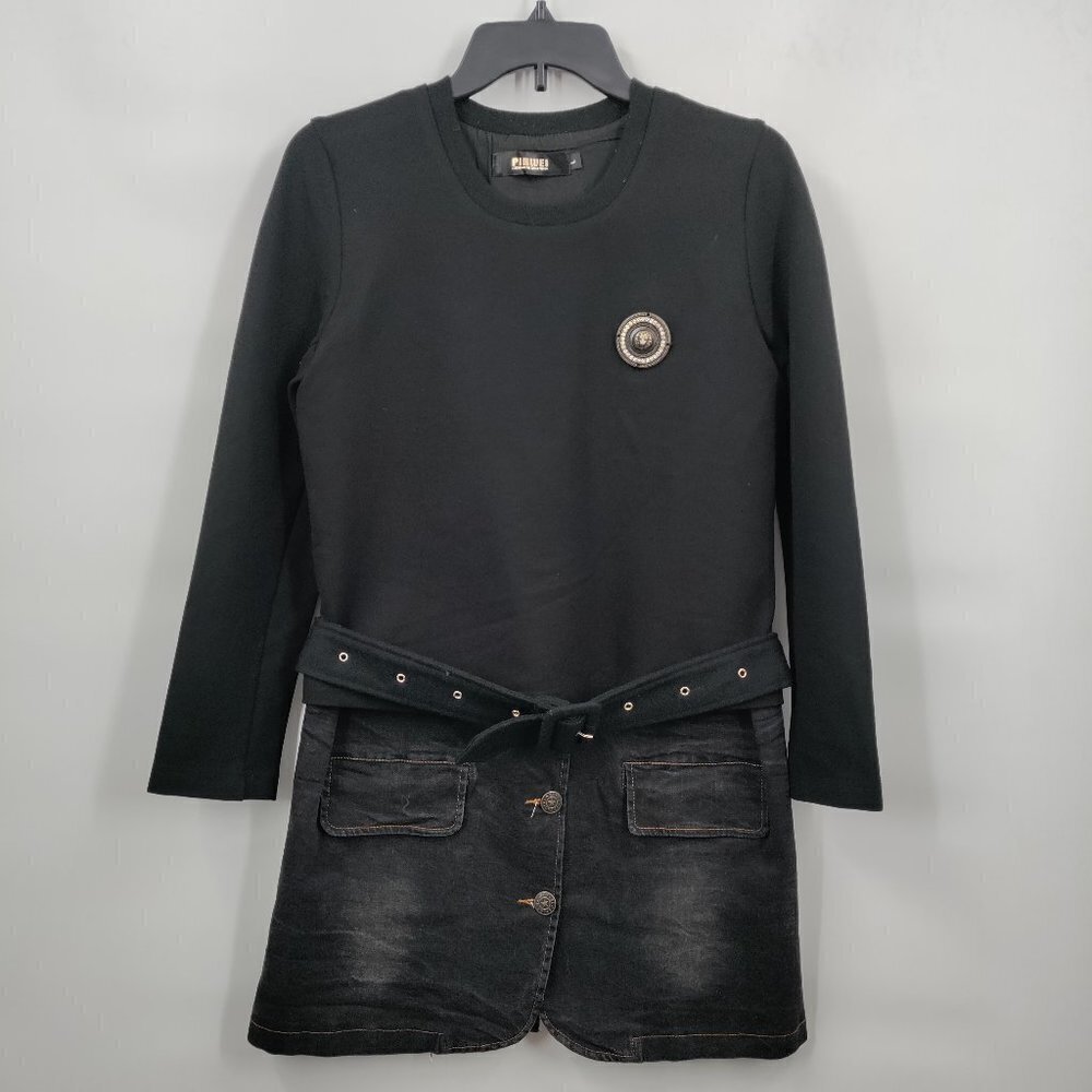 Pinwei Rib Crewneck Belted Waist Bodycon Mini Sweater Dress Large Women Black